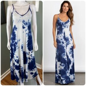 NWT New Skivys Laguna Goddess Gown Blue White Tie-Dye Maxi Dress XSmall XS
